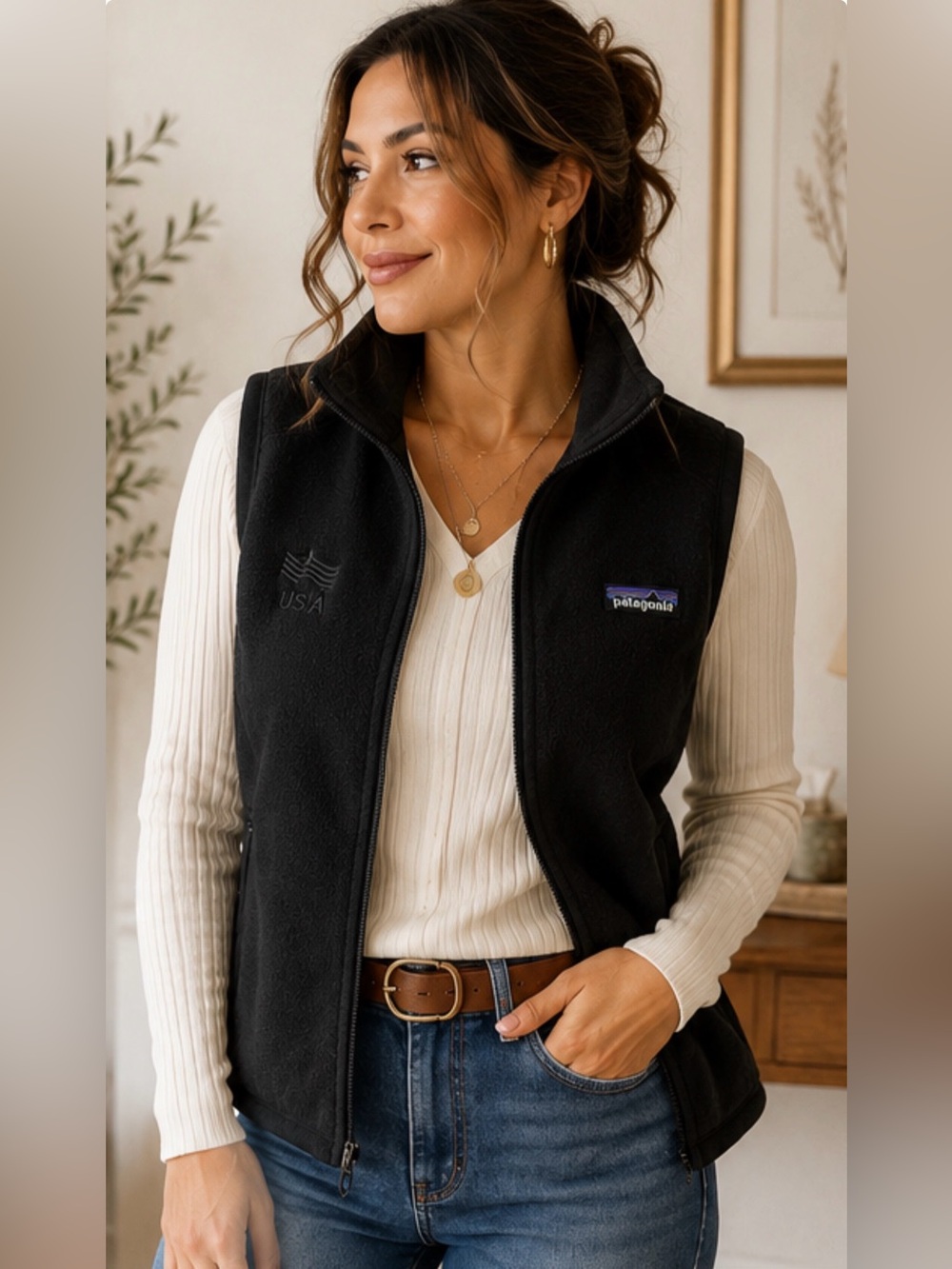 Patagonia Better Sweater Fleece Vest Black USAA‎ Logo Full Zip Women’s M